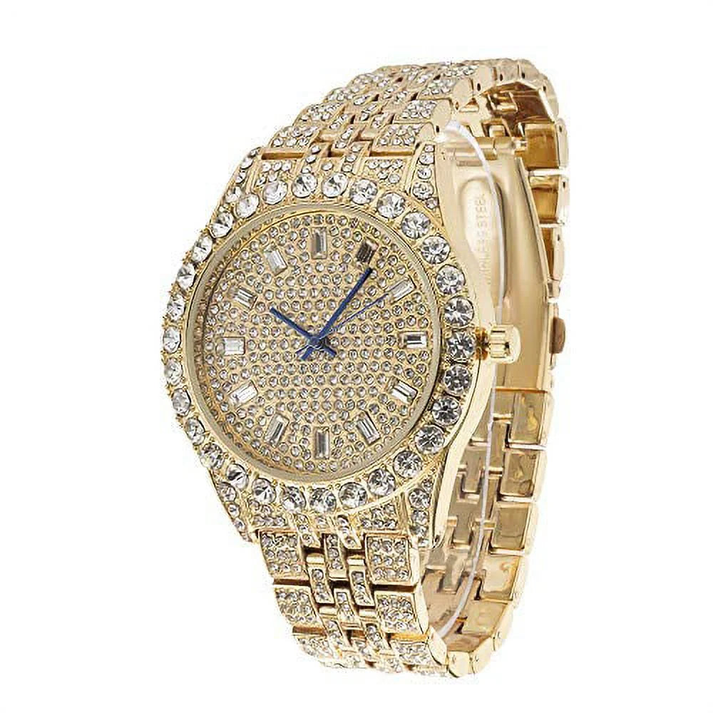 Blinged Out Cuban Necklace W/ Matching Bracelet and Fire Iced Out Timepiece - Boujee 3Pc Set - 2023 CNBW (ST10226 Gld/Gld)