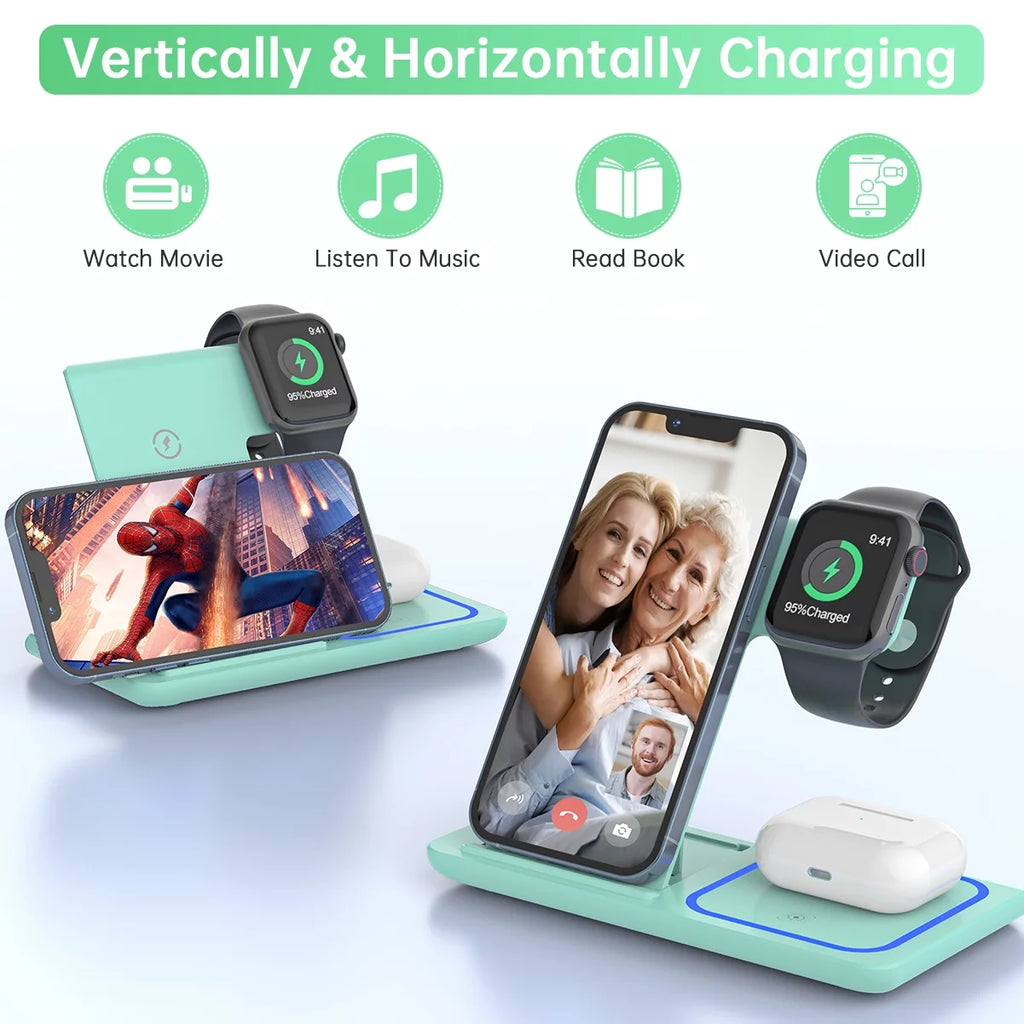 Wireless Charger, 18W 3 in 1 Wireless Charging Station for Iphone 17 16E 15 14 13 12 Pro, Fast Charger Stand for Iwatch SE 9-11 6-8 2-5, Airpods 4/3/2/Pro, Samsung Galaxy Seires (Green)