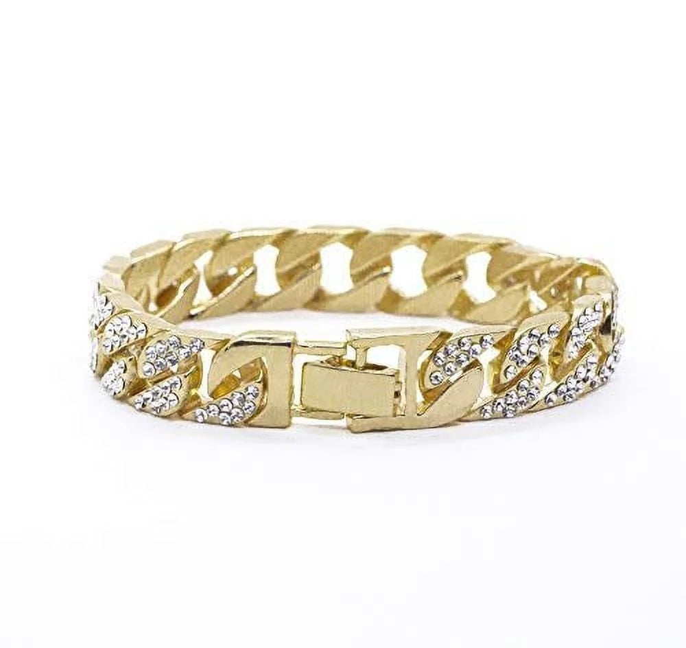 Blinged Out Cuban Necklace W/ Matching Bracelet and Fire Iced Out Timepiece - Boujee 3Pc Set - 2023 CNBW (ST10226 Gld/Gld)