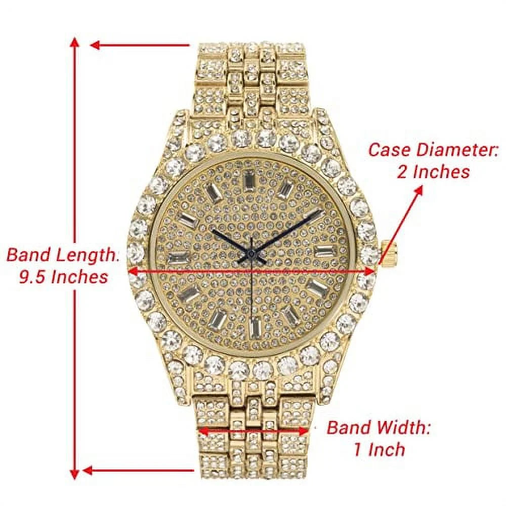 Blinged Out Cuban Necklace W/ Matching Bracelet and Fire Iced Out Timepiece - Boujee 3Pc Set - 2023 CNBW (ST10226 Gld/Gld)