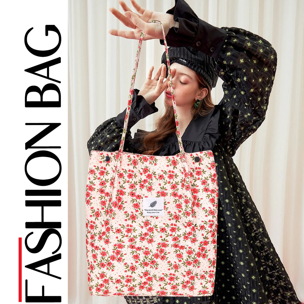 Corduroy Tote Bag with Inner Pocket, Large Canvas Shoulder Bag for Women and Girls