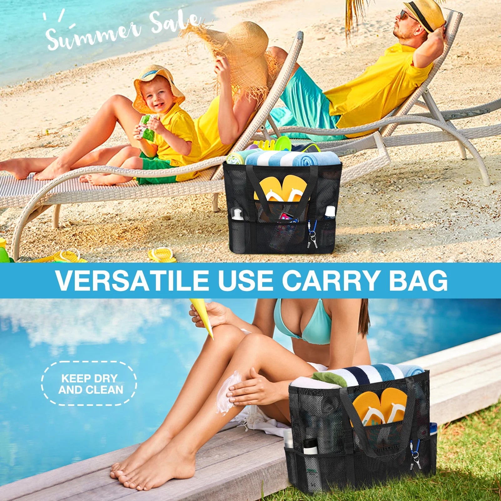 Mesh Beach Bag Rope Handles, Mesh Tote Bag for Women Contains Wicker Oversized Beach Tote Bag with 9 Small Pockets (Black)