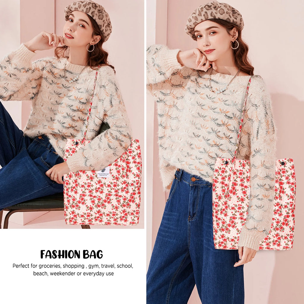 Corduroy Tote Bag with Inner Pocket, Large Canvas Shoulder Bag for Women and Girls